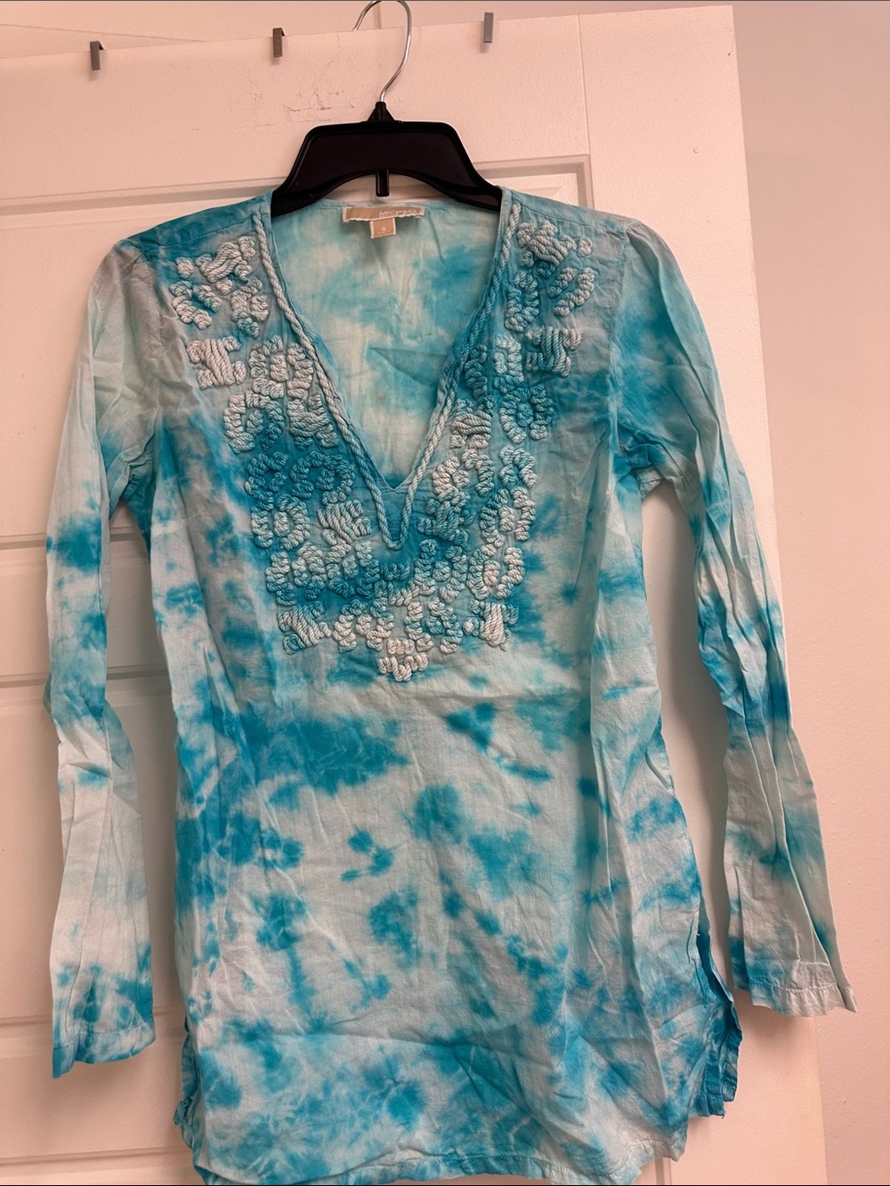 Michael Kors Aqua Tie-Dye Embroidered V-Neck Tunic